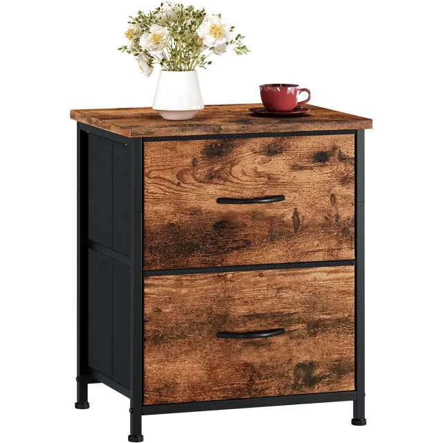 Famanu Nachtkastje met 2 stoffen lades, bijzettafel voor slaapkamer, woonkamer of kinderkamer, 1 set, houtlook, afmetingen 30D x 42B x 50H cm Bruin