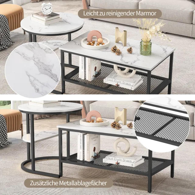 MEUNIQ Salontafelset 2-delig, nestbare salontafels met marmerlook, metalen frame en opbergruimte, ook los te gebruiken als bijzettafels, zwart
