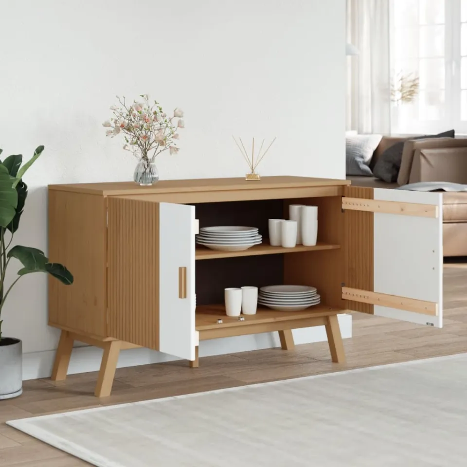 vidaXL Dressoir OLDEN 114x43x73,5 cm massief grenenhout wit en bruin, foto 4