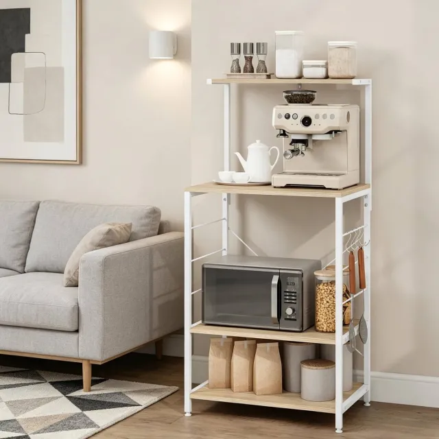 MODENUIT Boekenkast - 60x40x123 cm - 4 Planken en 4 Haken - Hout en Staal - Wit en Licht Eiken - Keuken Wit en lichte eik
