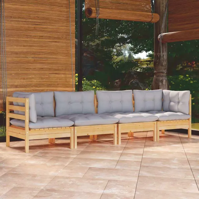 vidaXL 4-delige Loungeset met grijze kussens massief grenenhout grijs, foto 2