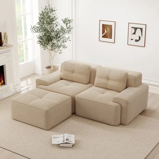Sweiko Hoekbank - L-vormige bank - Modulaire tweezitter - Corduroy - Met voetenbank - Beige