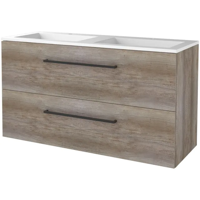 Boss & Wessing Badmeubelset BWS Salt 120x46cm Met Grepen 2 Lades Met Wastafel 2 Kraangaten Scotch Oak Bruin