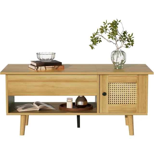 Clruro Elegante Salontafel - Opklapbare Tafelblad - Rieten Deuren - Houtkleur met Zwarte Accenten - Woonkamermeubel - Hout - Bruin/Zwart