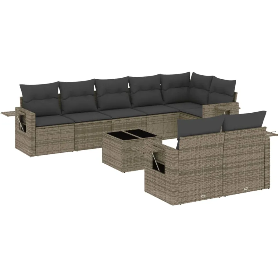 vidaXL 9-delige Loungeset met kussens poly rattan grijs