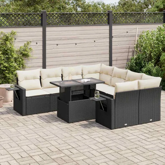 vidaXL 9-delige Loungeset met kussens poly rattan zwart, foto 2