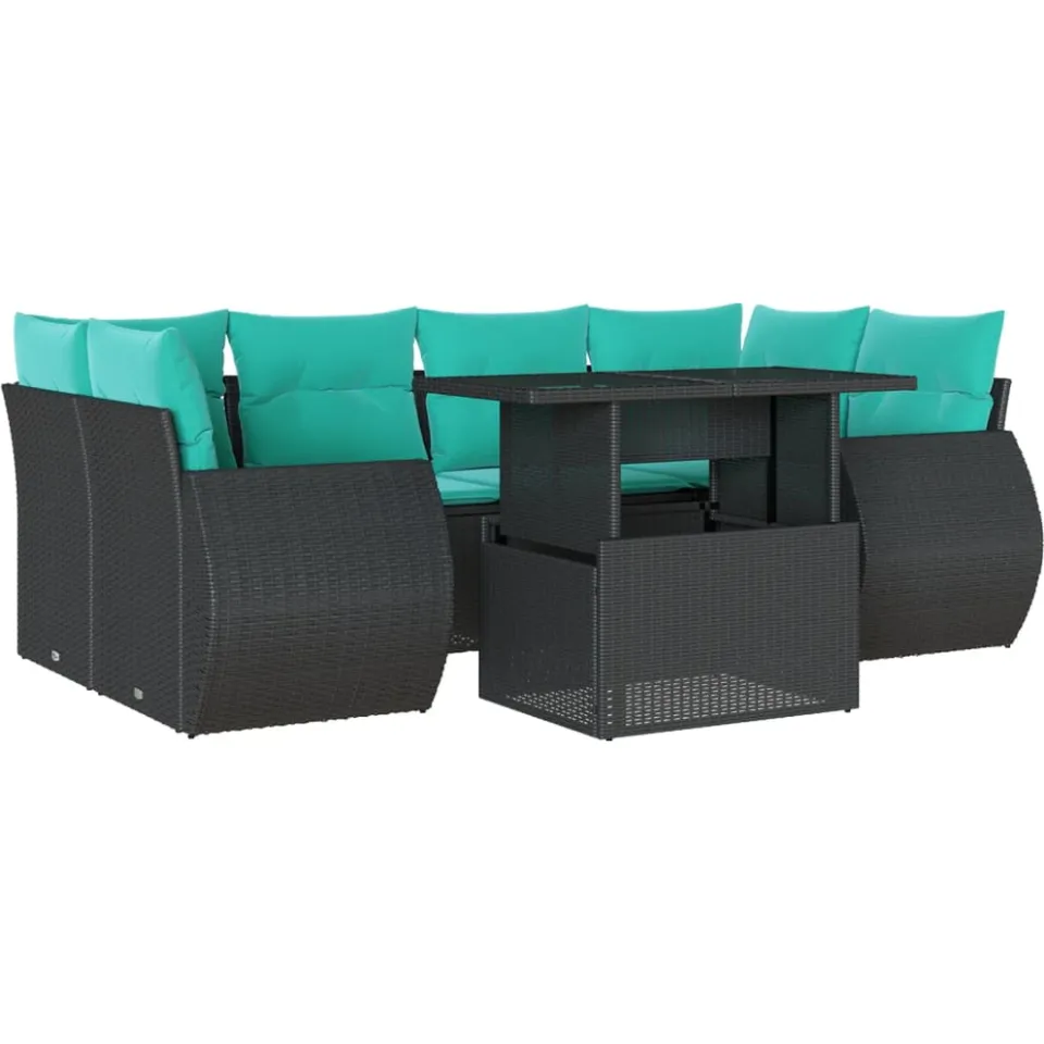 vidaXL 7-delige tuinbankset met kussens van zwart polyrotan, foto 3