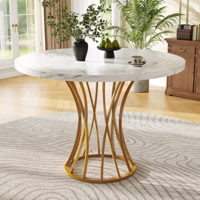 MEUNIQ ronde eettafel 80 x 80 x 76 cm, MDF tafelblad met marmerlook, metalen onderstel en verstelbare poten, voor eetkamer of woonkamer, goud Golden