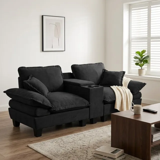 HAUSS SPOLE Hoekbank - Modulaire Cloud Bank - Met Usb, Opbergruimte En Bekerhouders - Voor Woonkamer En Appartement - Chenille Zwart