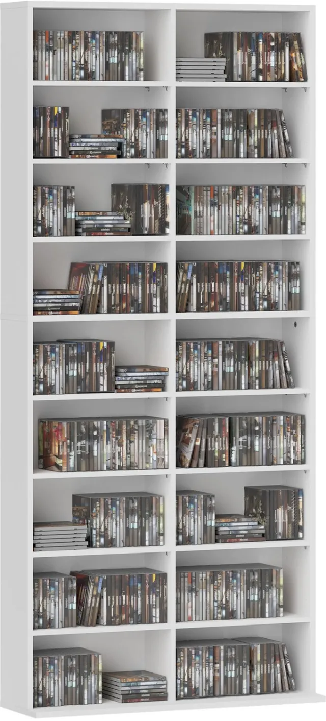Lunpog CD- en DVD-rek – opbergrek – biedt plaats aan 640 CD's/360 DVD's – met 18 vakken – kantelbeveiliging – wit