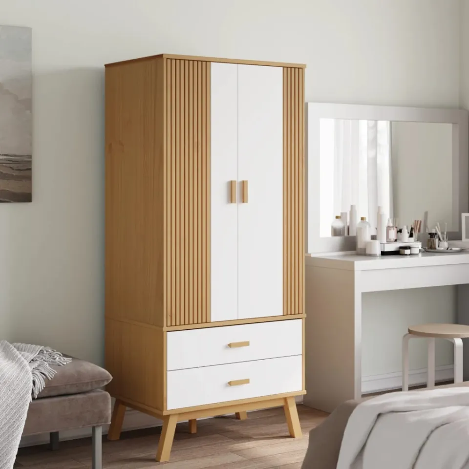 vidaXL Kledingkast OLDEN 76,5x53x172 cm grenenhout wit en bruin, foto 3