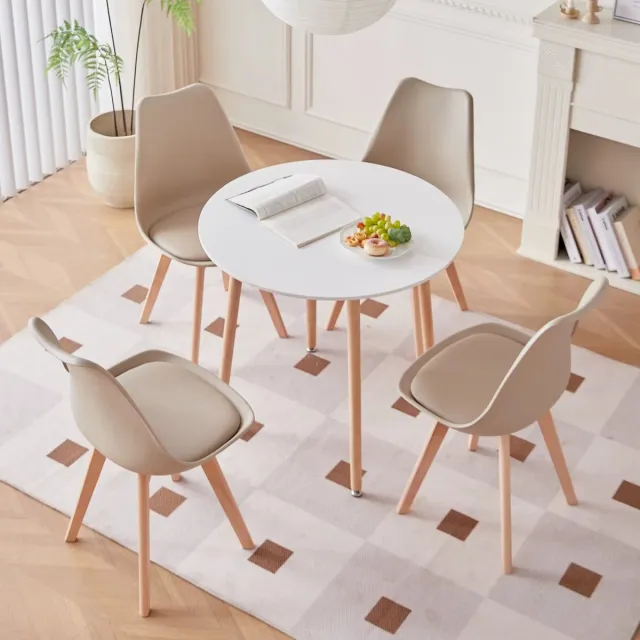 Whoopr® Scandinavische Ronde Eettafel met Set van 4 Eetkamerstoelen – Gestoffeerde Stoelen met PU-Kussen – Tafel Voor Keuken, Eetkamer, Restaurant of Woonkamer - Khaki