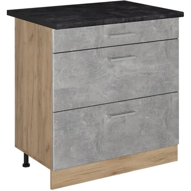 Vicco Keukenonderkast R-Line, Beton/Goudkleurig Eiken, 80 cm met 3 laden antraciet werkblad