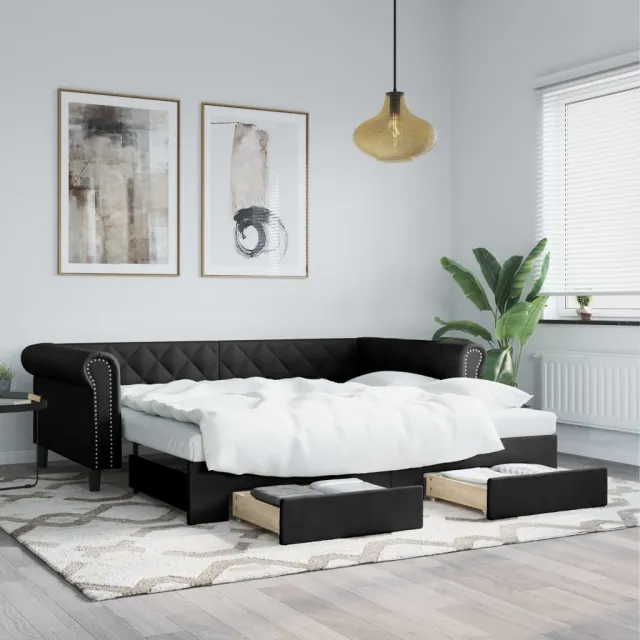 vidaXL Slaapbank met onderschuifbed en lades 90x200 cm kunstleer zwart
