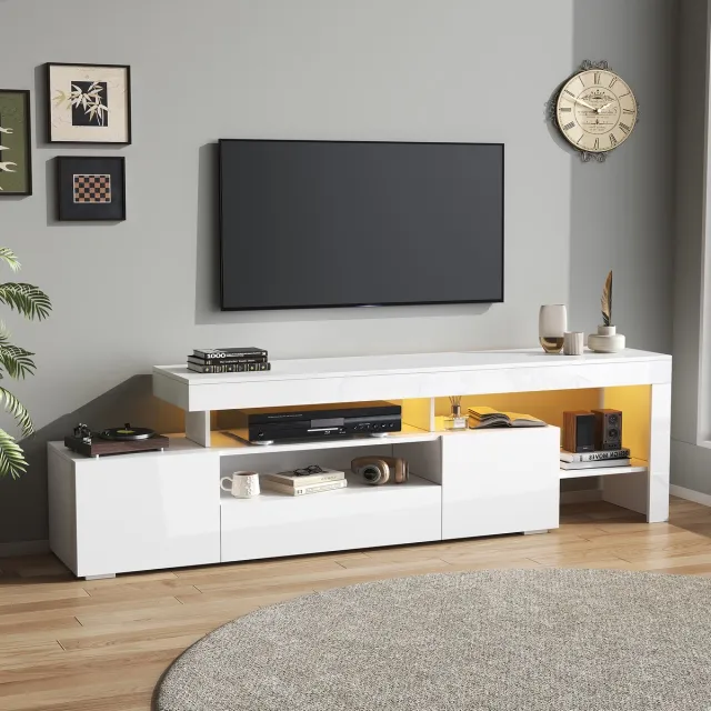 HAUSS SPOLE TV meubel - Hoogglans TV-Kast met 3 Kasten en Intelligente LED-Verlichting - Voor Woonkamer, Eetkamer en Slaapkamer - 192x37x53 cm - Spaanplaat - Wit