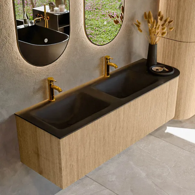 Mondiaz KURVE 145 cm Onderkast Greeploos 1 Lade Met Deuren Oak, Wastafel Solid Surface Links Urban 2 Kraangaten Zonder Spiegel (KRVCLO145R1L1D2KD-Oak/Urb)