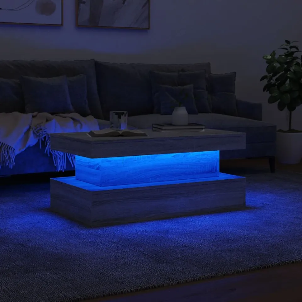 vidaXL Salontafel met LED-verlichting 90x50x40 cm grijs sonoma eiken, foto 4