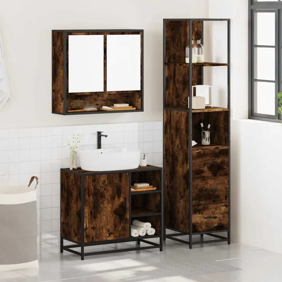 vidaXL 3-delige Badkamermeubelset bewerkt hout gerookt eikenkleurig, foto 2