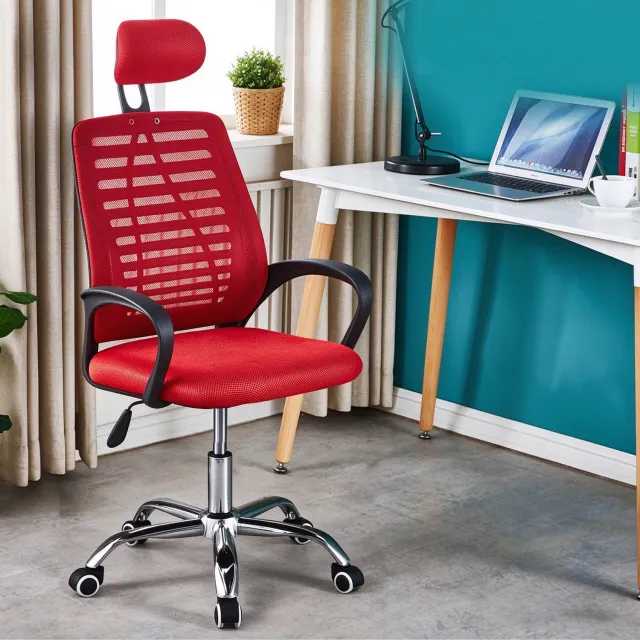 learnlogic Ergonomische bureaustoel met hoofdsteun in hoogte verstelbaar rood met zwenkwielen afmetingen 47x47x116 cm geschikt voor langdurig zitten ter voorkoming van rugklachten