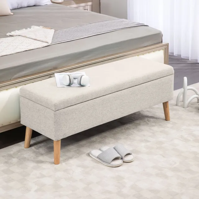 MEUNIQ opbergbank 110 x 39 x 45 cm met opklapbare zitting en verborgen opbergruimte, gestoffeerde zitbank in beige met linnenlook voor hal, slaapkamer of woonkamer