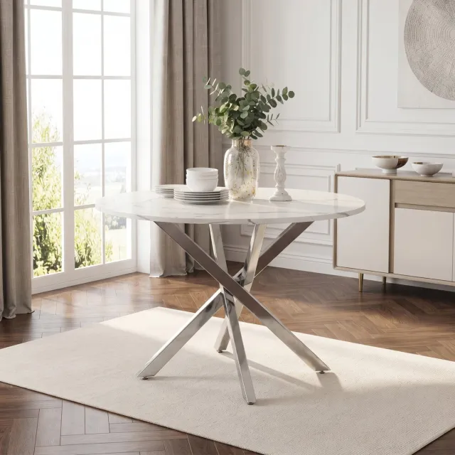 Wishdor Ronde eettafel - Modern minimalistisch - Marmorlook - Zilverkleurige X-poot - Woonkamer keuken eetkamer - MDF en metaal - Zilver wit - Ø 80 x 75 cm Zilver + wit