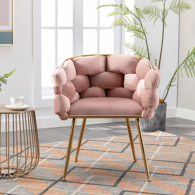 DESMIU Fauteuil 58 Cm - Zachte Fluwelen Bekleding Met Goudkleurig Metalen Frame En Armleuningen - Voor Woonkamer Slaapkamer En Eetkamer - Roze