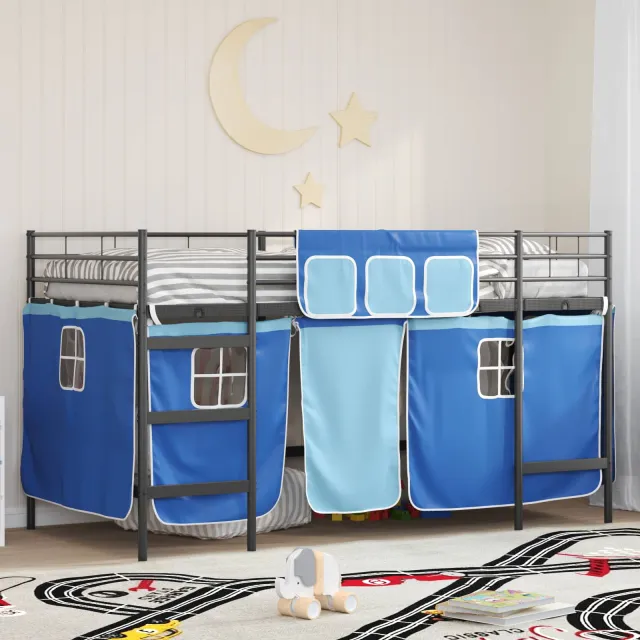 vidaXL Bunkbed voor kinderen met gordijnen Zwart en Blauw 107 x 203 cm