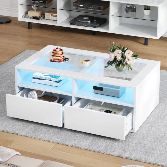 MODENUIT Salontafel - LED-Verlichting En 2 Lades - Voor Woonkamer - Gehard Glas En Spaanplaat - 100x50x35 cm - Wit