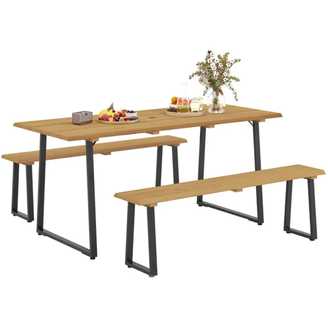 ZYLARO 3-delige Houten Biertafelset met Biertafel, 2 Bierbanken & Parasolgat - Tuintafel voor 6 Personen - Bierbank - Picknicktafel - Biertentset - Tuinset - voor Terras, Balkon, Tuin, Camping - 178 cm lang - Naturel Hout