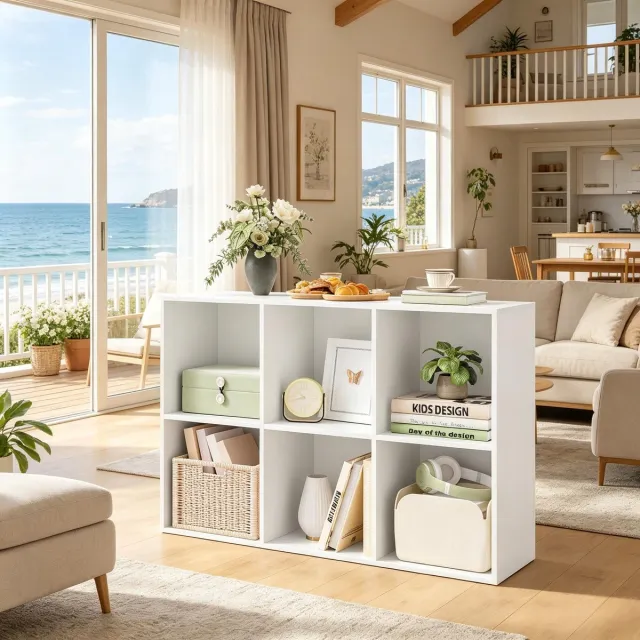 OKWISH Boekenkast - 59,6 x 89 x 29 cm - Open 6-Vaks Ontwerp - Bewerkt Hout - Wit - Horizontaal of Verticaal te Plaatsen White