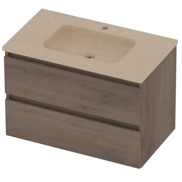 Basic-Line Rocky 46 Badmeubelset Hardsteen 1 Kraangat Greeploos 80x46x54 cm Dusk Oak Sand Stone Beige
