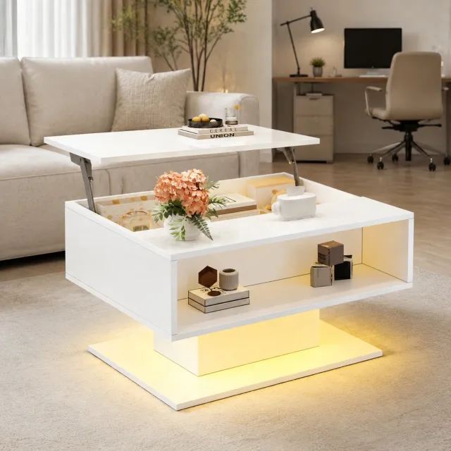 Maisentiel Salontafel 80 x 75 x 40 cm – Verhoogbaar tot 54 cm met LED en opbergruimte Wit