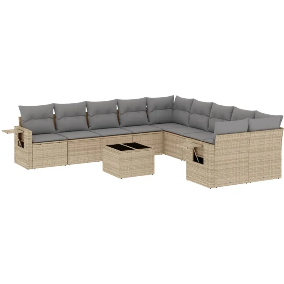 vidaXL 11-delige Tuinset met kussens poly rattan beige