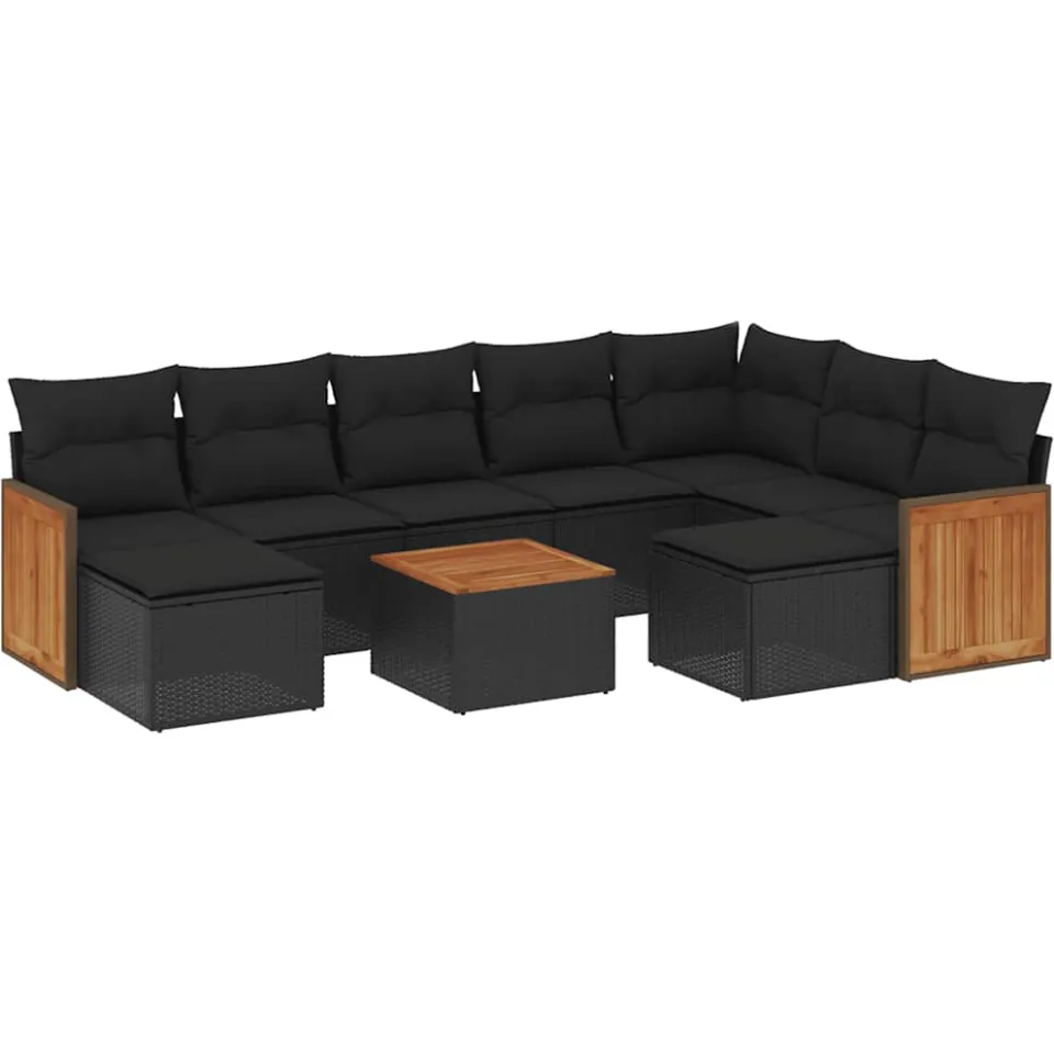 vidaXL 10-delige Loungeset met kussens poly rattan zwart, foto 3