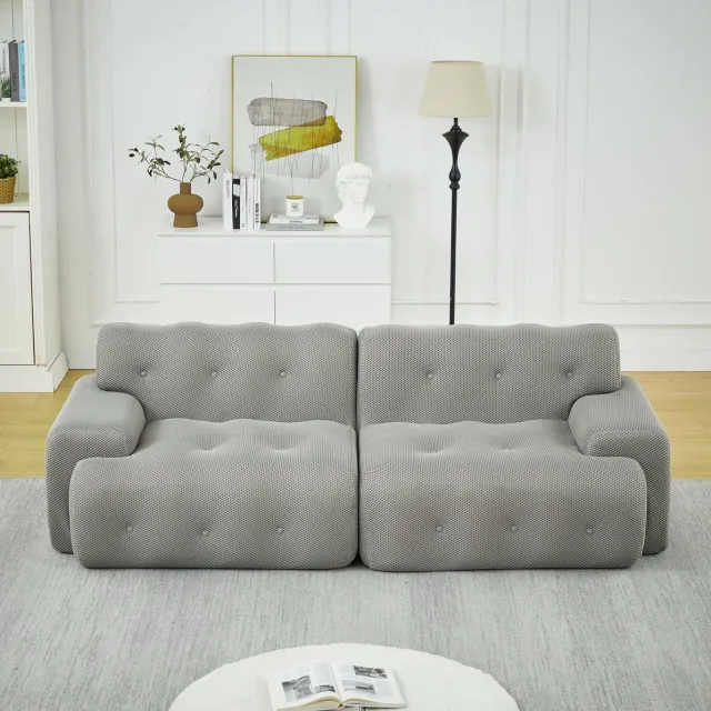 MEUNIQ grijze 2-zits bank van stof, 224 x 104 x 66 cm, met brede armleuningen, gecapitonneerde afwerking en ronde hoeken, zonder montage Grijs