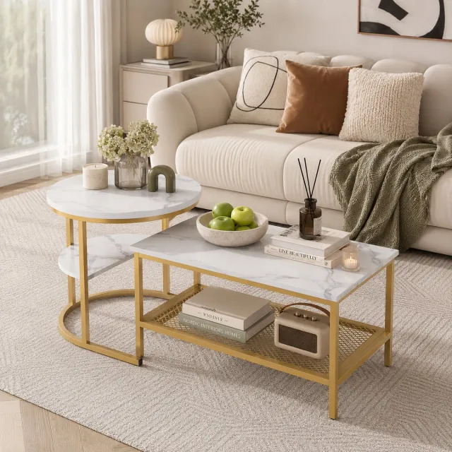 MEXUS Salontafel Vierkante - Set van 2 - schuifbare bijzettafel - met 4 Niveaus - bijzettafelset voor woonkamer - Wit Marmerpatroon - Metalen frame - 80/52 cm - Goud