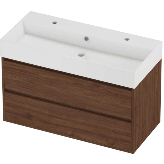 Proline Zara Badmeubelset Porselein Loft 2 Gaten 100x46x65 cm Glans Wit Indian Walnut Houtlook