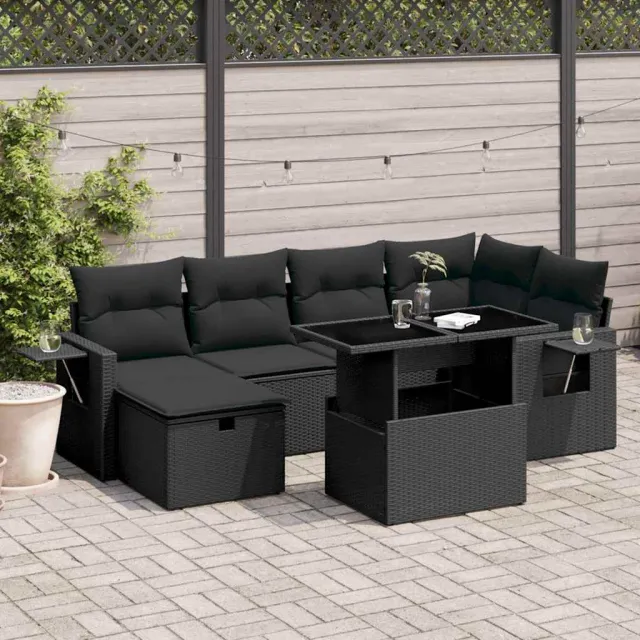 vidaXL 7-delige Loungeset met kussens poly rattan zwart, foto 2