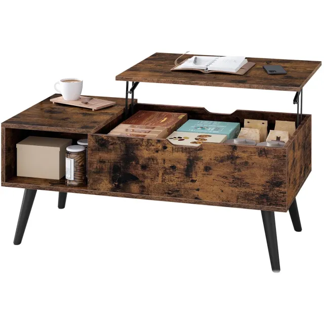 MakkelijkMooi Tafel met in Hoogte Verstelbaar Gedeelte - Salontafel - Verborgen Opbergruimte - Gasveer Meganisme - Rustiek Bruin