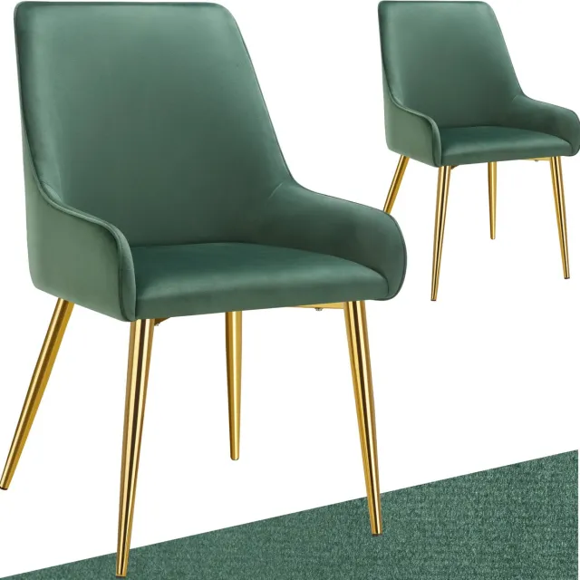 Tectake Eetkamerstoel Avane - Fluweeloptiek - Ergonomische gestoffeerde stoel met gouden stalen poten - Draagkracht 120 kg - Moderne eetkamer- en keukenstoel - Set van 2 - Groen
