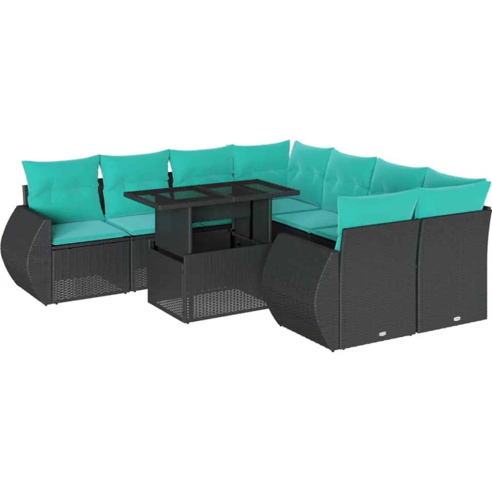 vidaXL 9-delige tuinbankset met kussens van zwart polyrotan, foto 3