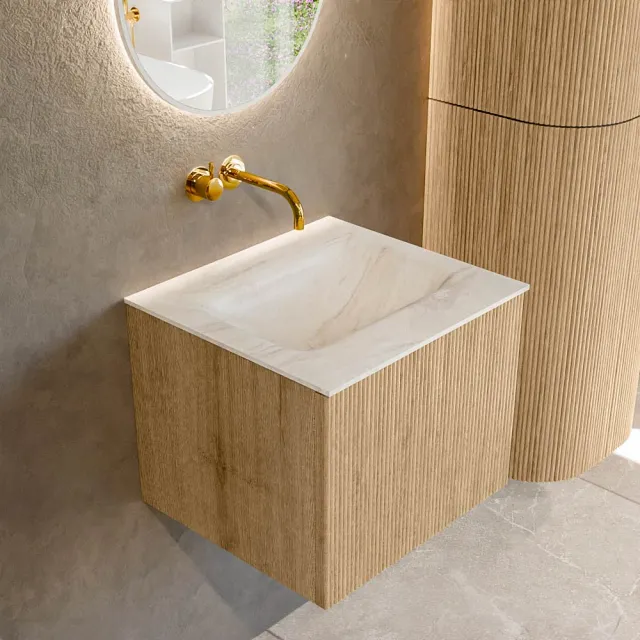 Mondiaz KURVE-DLUX 50 cm Onderkast Greeploos 1 Lade Zonder Deuren Oak, Wastafel Solid Surface Midden Ostra 0 Kraangaten Zonder Spiegel (KRVGRU501L0D0KM-Oak/Ost)