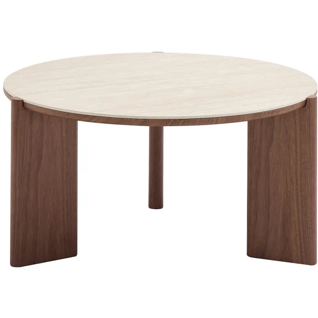 Vente-unique Keramische salontafel met walnootfineer - Travertin en natuurlijk effect - MUNYRA Natuurlijk donker, Beige