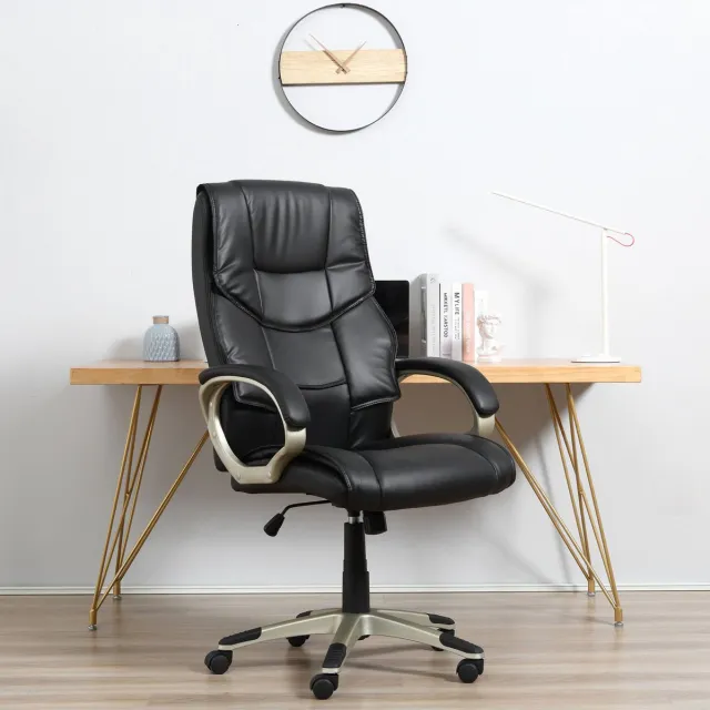 MEUNIQ bureaustoel hoogteverstelbaar 45-54 cm met wippfunctie, 360° draaibaar, vaste armleuningen, kunstleer en metaal, zwart voor werkkamer of thuiskantoor