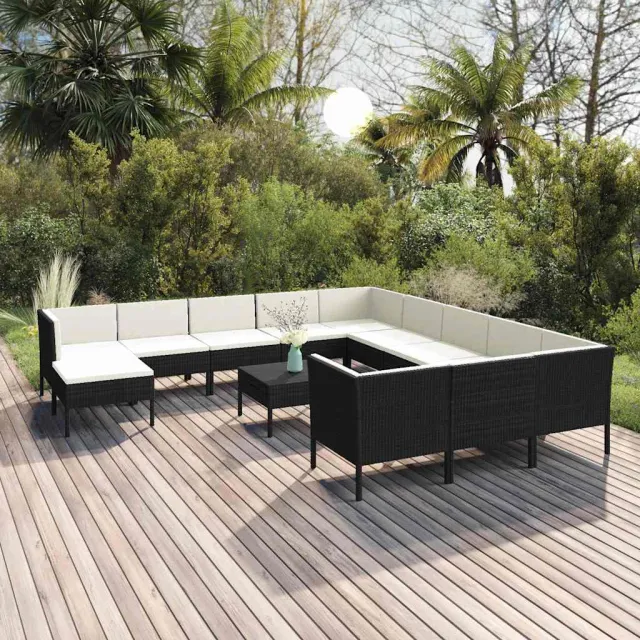 vidaXL 13-delige Loungeset met kussens poly rattan zwart, foto 2