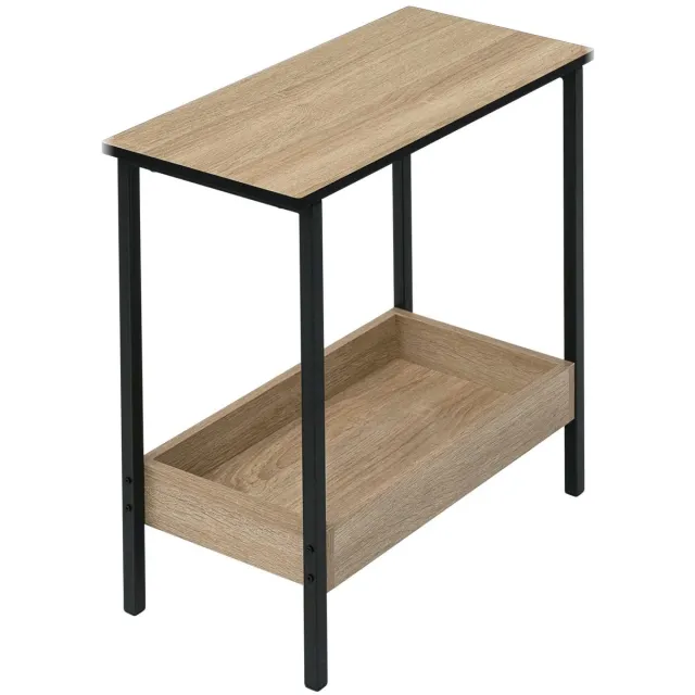 Klarven Bijzettafel Lichteiken - Bijzettafeltjes Woonkamer - Bijzettafel Bank - Bijzettafel Hout - Bijzettafel - Twee Opbergvakken, Waterbestendig Blad - Stabiel Metalen Frame, 20 kg Draagvermogen - B50xd25xh55cm