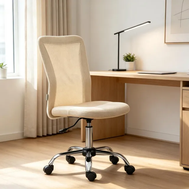 DESMIU Bureaustoel 43 x 58 cm - Hoogteverstelbaar En 360 Graden Draaibaar - Voor Kantoor En Thuiswerkplek - Netstof En Metaal - Beige