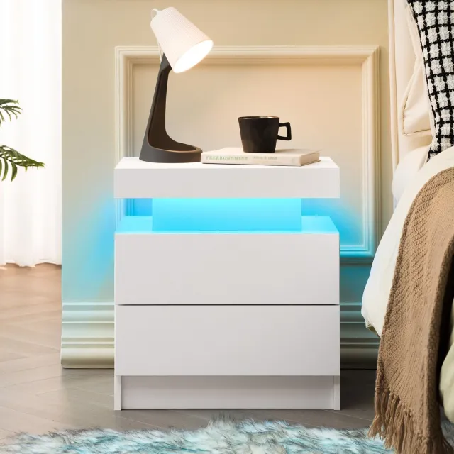 WUVRIE Nachtkastje met LED-verlichting - 2 lades en open vak - Wit