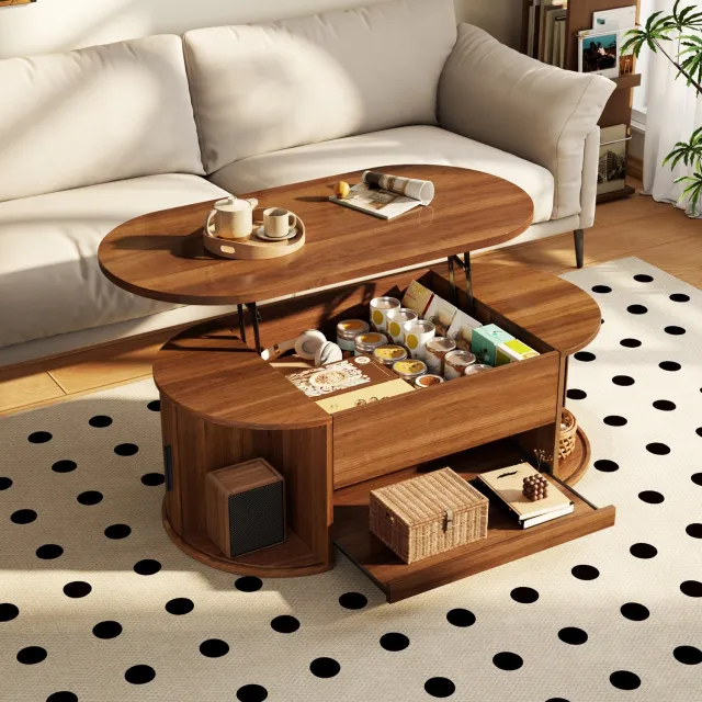 DESMIU Salontafel - Hefbaar Tafelblad Met Verborgen Opbergruimte En Schuifdeuren - Voor Woonkamer - MDF - 110x55x55 Cm - Walnoot