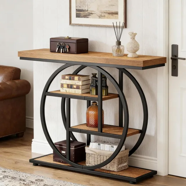 COVREO Sidetable 105 x 30 x 80 cm, zwart en lichtbruin, van metaal en hout, 4 lagen